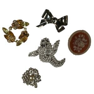 Vintage Brooch Lot of 5 | Rhinestone Ghost Cameo Bow Floral Leaf Pin Jewelry